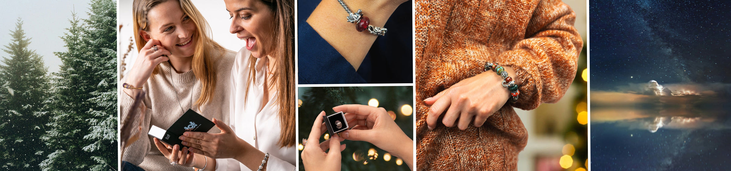 moodboard collage of christmas trees, Trollbeads jewellery gifts in boxes and winter nature